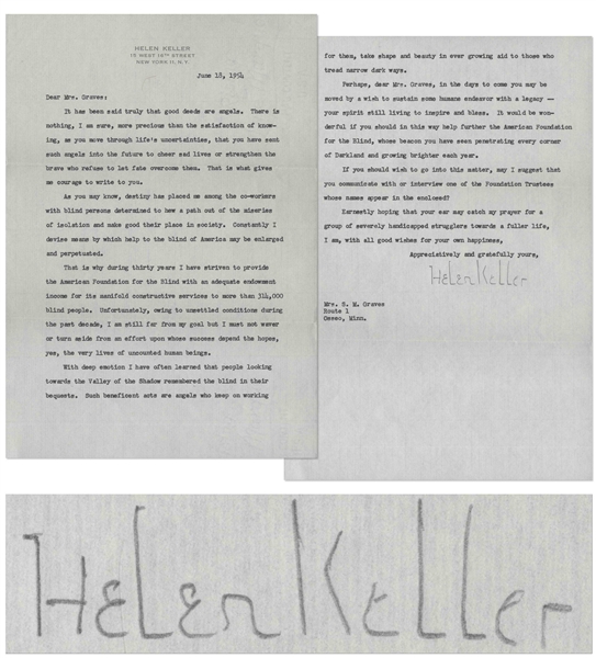 Helen Keller Letter Signed -- ''...destiny has placed me among the co-workers with blind persons determined to hew a path out of the miseries of isolation...''